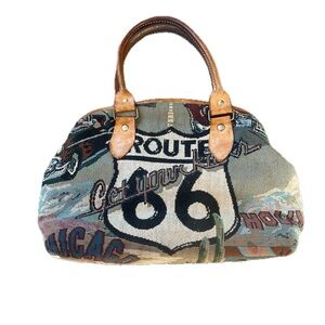 Vintage Route 66  Southwestern Travel Tapestry Handbag Purse w/ Leather Handles